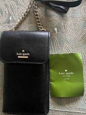 kate spade black leather crossbody phone pouch with gold chain and black strap